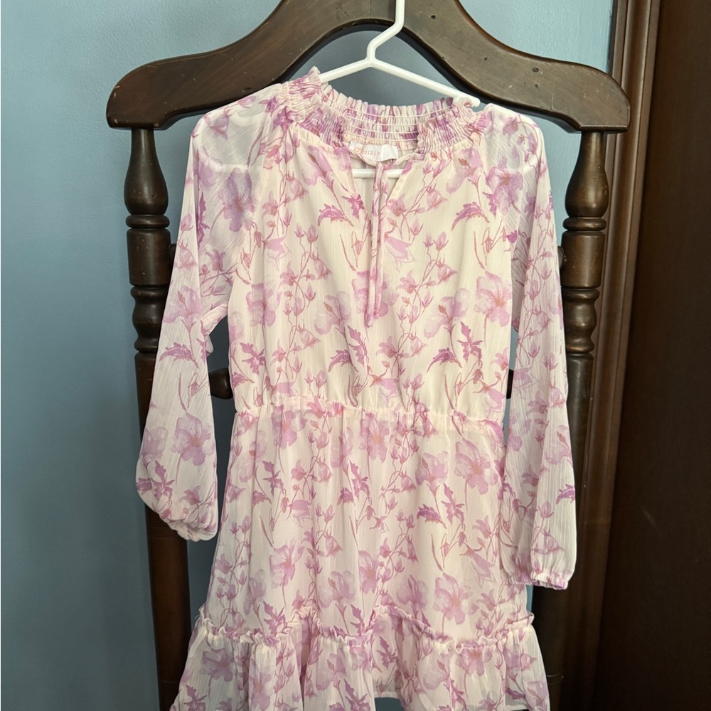 GB Girls Pink and White Tiered Bishop Sleeve Dress